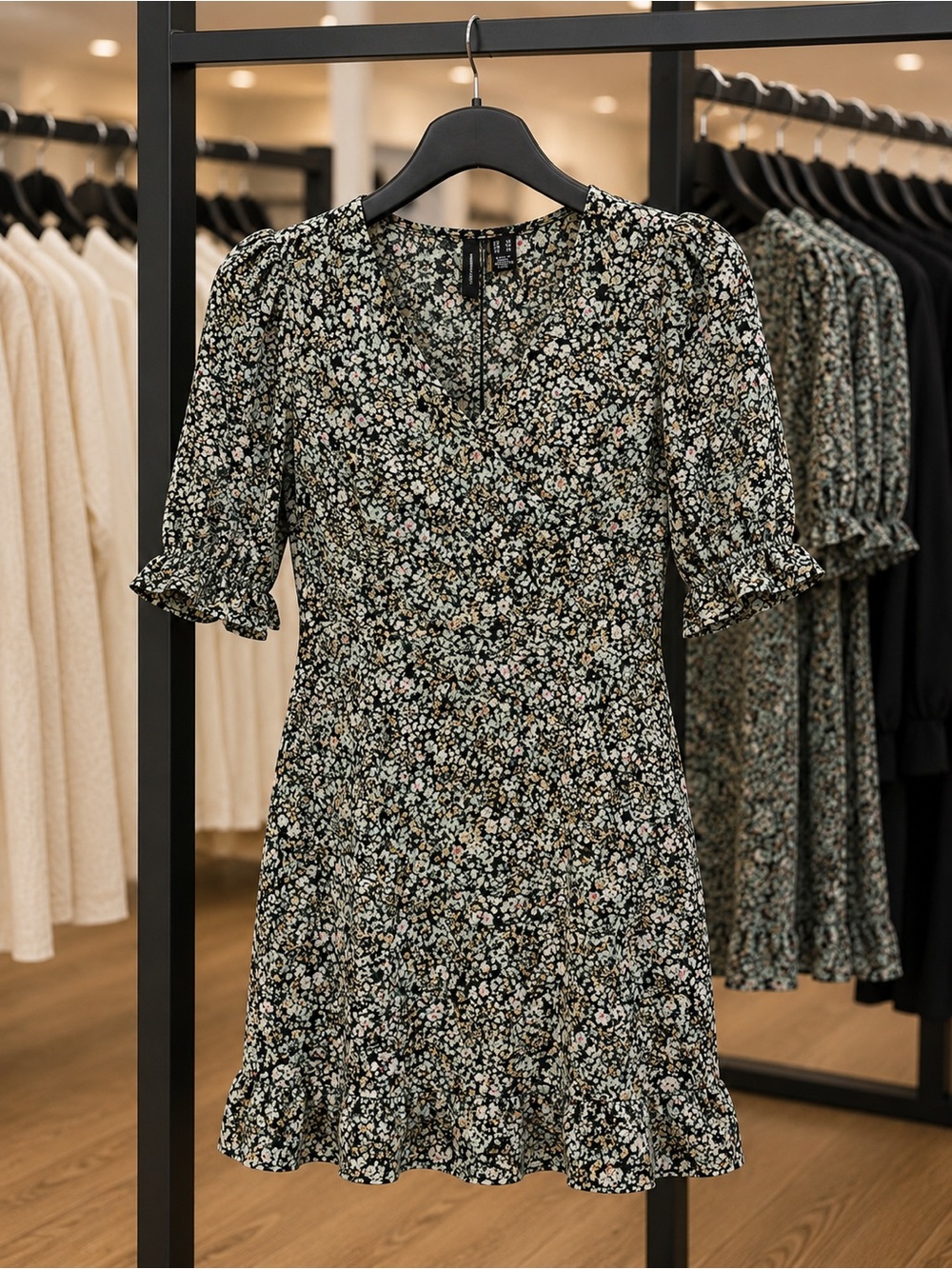 Vero Moda Black Floral Ruffle Sleeve Mini Dress
